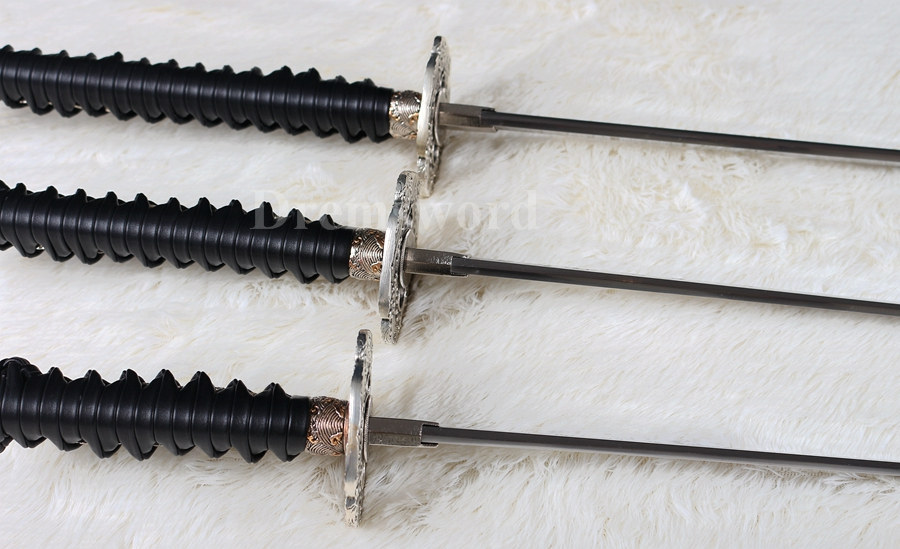 Japanese Samurai Sword Daisho Set Katana+Wakizashi+Tanto clay tempered Folded Steel Hazuya Polish blossom engraved Razor Sharp Shinogi-Zukuri Black