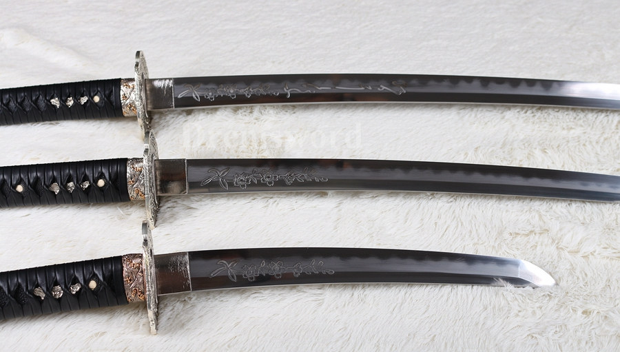 Japanese Samurai Sword Daisho Set Katana+Wakizashi+Tanto clay tempered Folded Steel Hazuya Polish blossom engraved Razor Sharp Shinogi-Zukuri Black