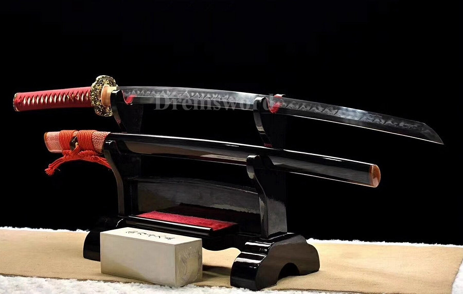 Handmade Clay Tempered folded steel katana Japanese samurai Sword full tang battle ready "Flames"（火焰）hamon Shinogi-Zukuri black