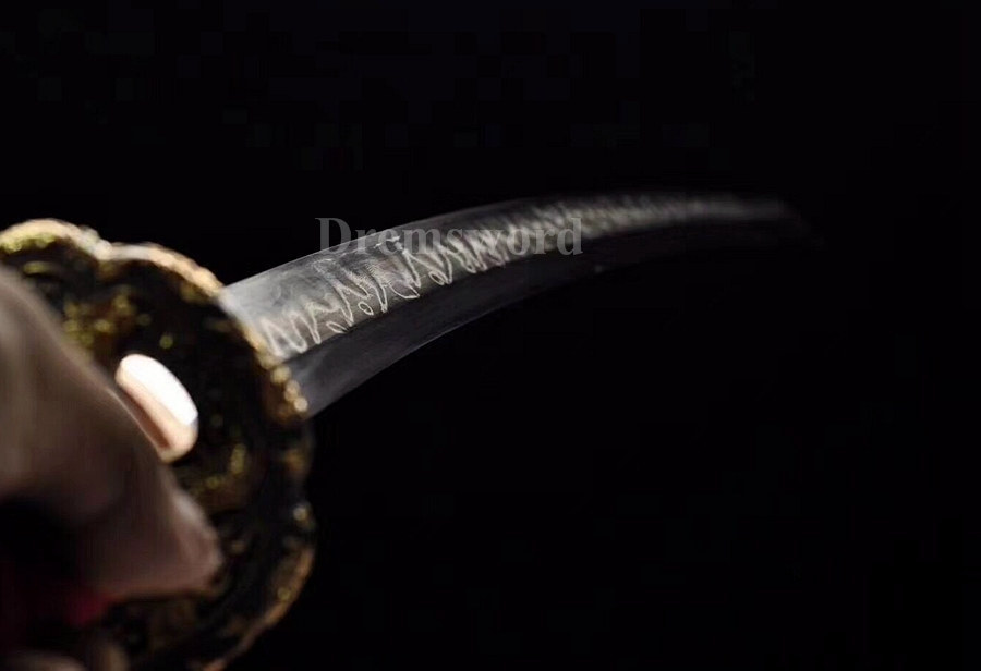 Handmade Clay Tempered folded steel katana Japanese samurai Sword full tang battle ready "Flames"（火焰）hamon Shinogi-Zukuri black