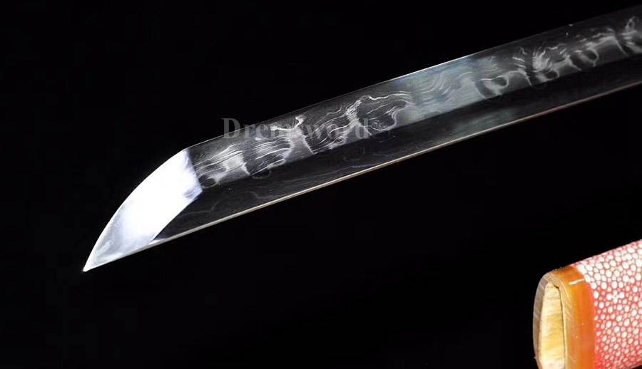 Handmade Clay Tempered folded steel katana Japanese samurai Sword full tang battle ready "Flames"（火焰）hamon Shinogi-Zukuri black