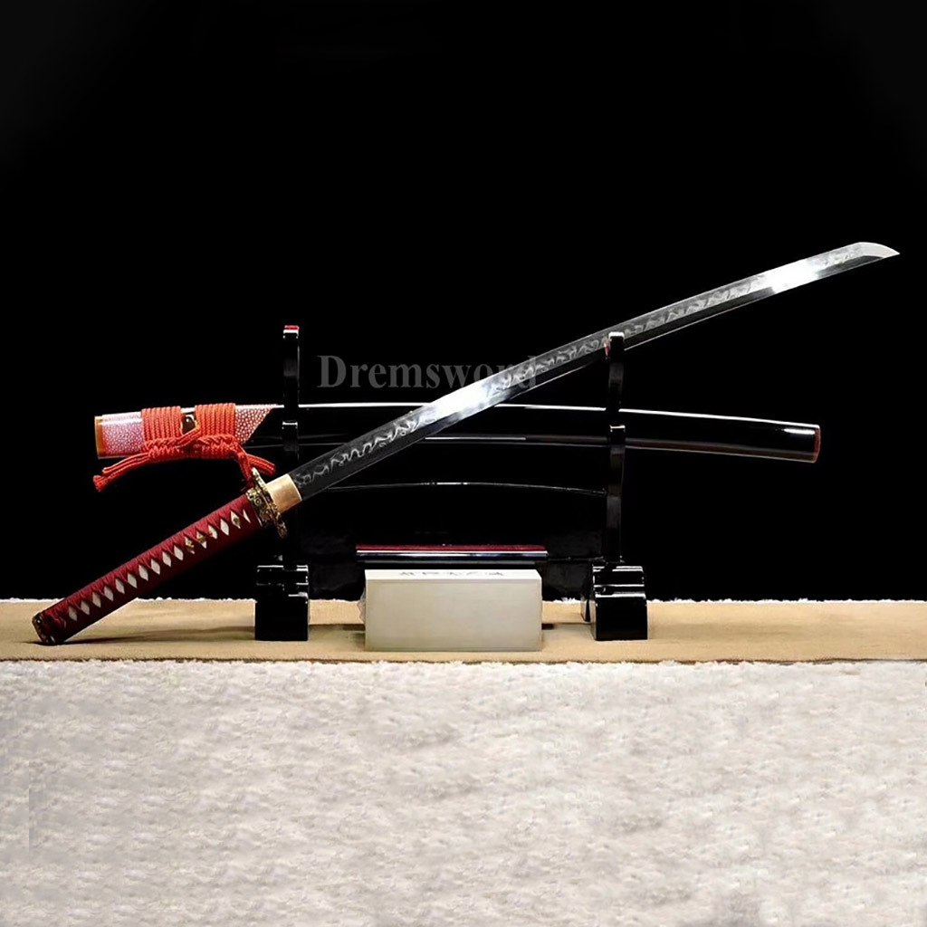 Handmade Clay Tempered folded steel katana Japanese samurai Sword full tang battle ready "Flames"（火焰）hamon Shinogi-Zukuri black