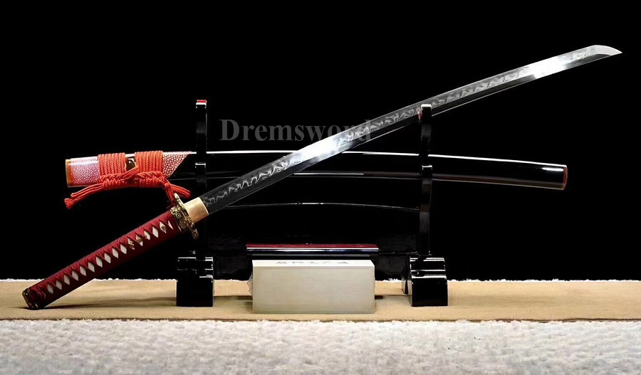 Handmade Clay Tempered folded steel katana Japanese samurai Sword full tang battle ready "Flames"（火焰）hamon Shinogi-Zukuri black