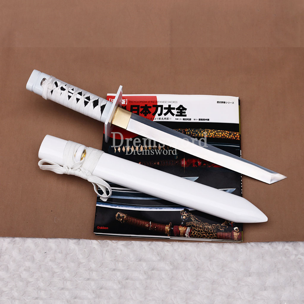 18.9 inch Handmade T10 Steel Clay Tempered black and white Ninjato Japanese Ninja Tanto Short Sword full tang battle ready sharp Real Hamon KAMASU-KISSAKI(straight）kiriha-ZUKURI