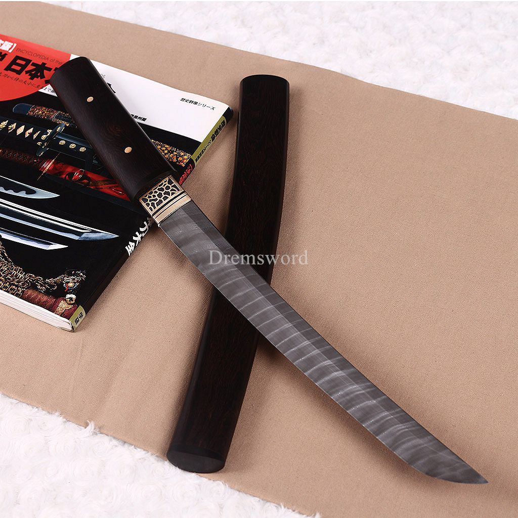 Damascus Folded Steel Shirasaya Tanto Japanese Samurai Sword Sharp Ebony Saya SHINOGI-ZUKURI Brown