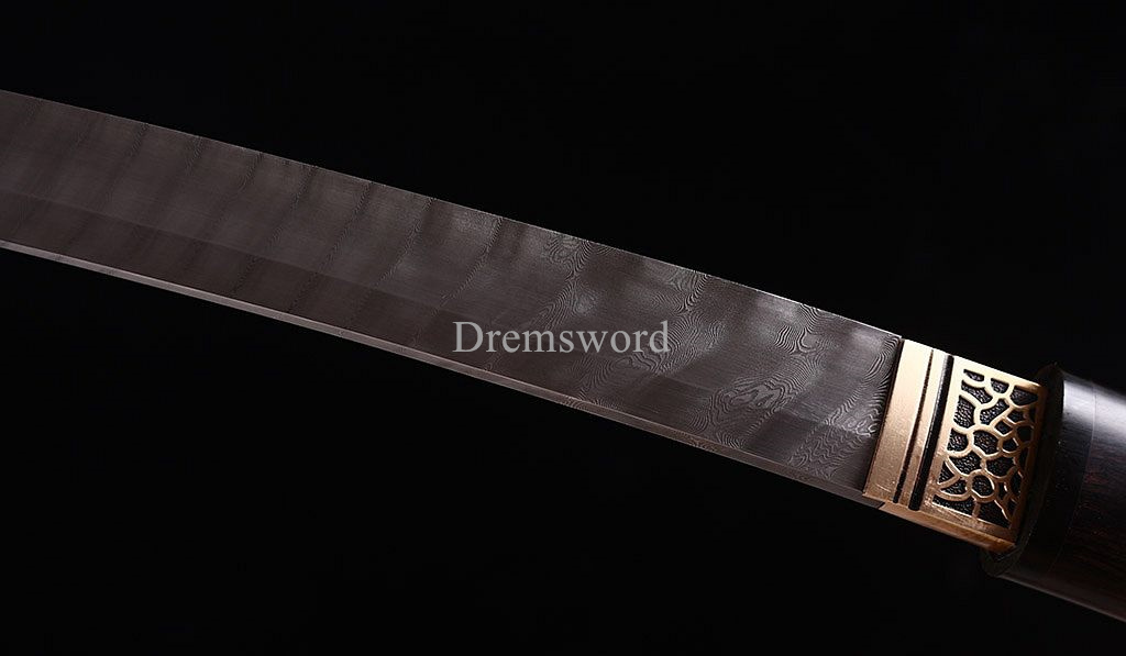 Damascus Folded Steel Shirasaya Tanto Japanese Samurai Sword Sharp Ebony Saya SHINOGI-ZUKURI Brown