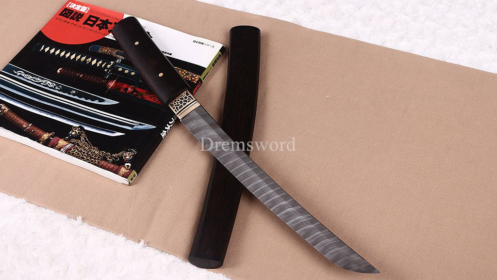 Damascus Folded Steel Shirasaya Tanto Japanese Samurai Sword Sharp Ebony Saya SHINOGI-ZUKURI Brown