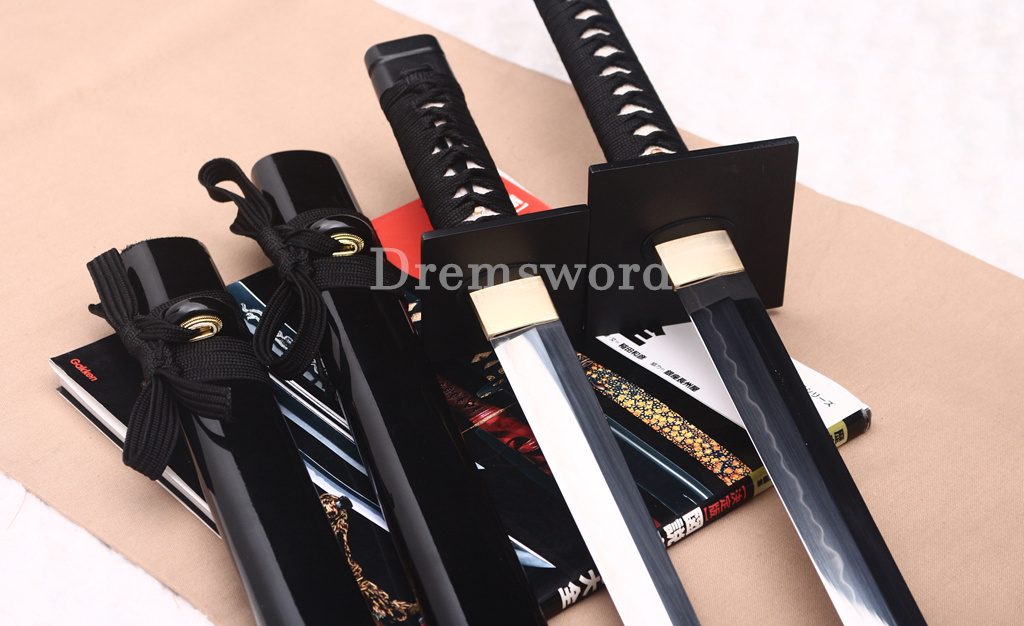 4Pcs T10 Steel Clay Tempered Ninjato Daisho Japanese Ninja Sword KAMASU Kissaki KIRIHA-ZUKURI battle ready sharp Black and White