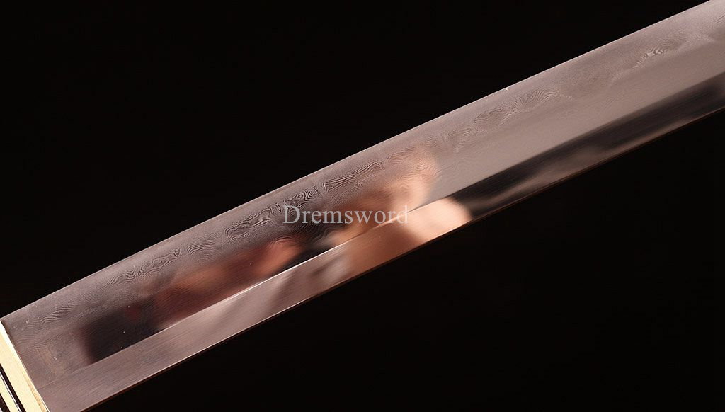 Damascus Folded Steel Clay tempered Katana Japanese Samurai Sword Full Tang New Shinogi-Zukuri White and Brown