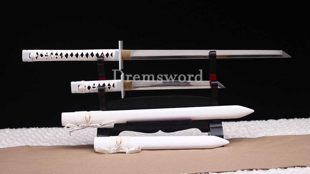 4Pcs T10 Steel Clay Tempered Ninjato Daisho Japanese Ninja Sword KAMASU Kissaki KIRIHA-ZUKURI battle ready sharp Black and White