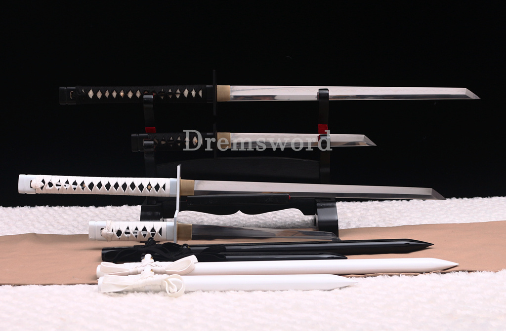 4Pcs T10 Steel Clay Tempered Ninjato Daisho Japanese Ninja Sword KAMASU Kissaki KIRIHA-ZUKURI battle ready sharp Black and White