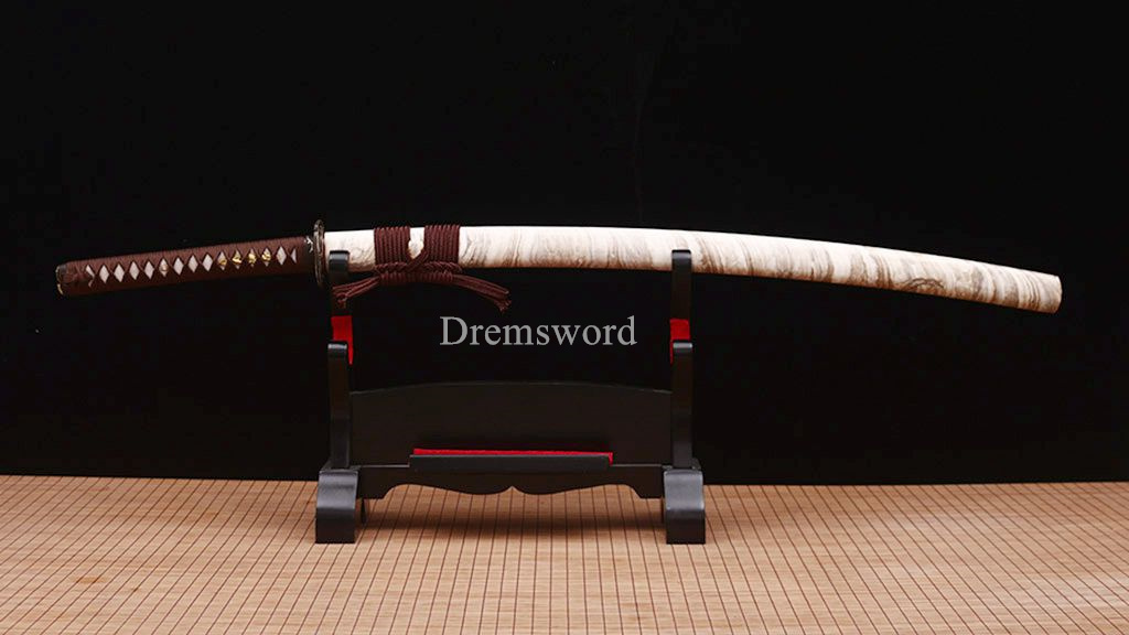 Damascus Folded Steel Clay tempered Katana Japanese Samurai Sword Full Tang New Shinogi-Zukuri White and Brown