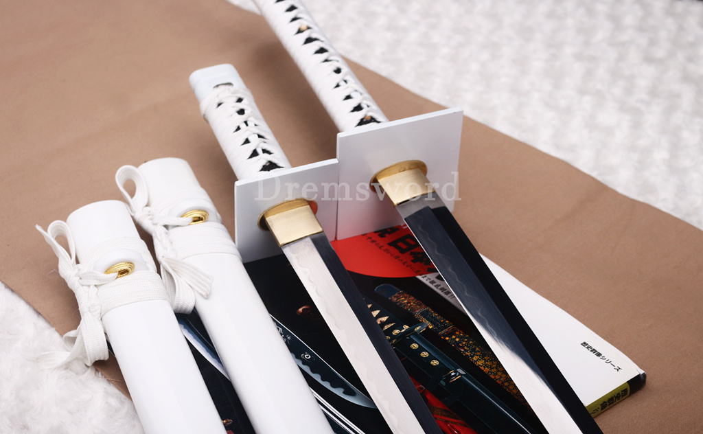 4Pcs T10 Steel Clay Tempered Ninjato Daisho Japanese Ninja Sword KAMASU Kissaki KIRIHA-ZUKURI battle ready sharp Black and White