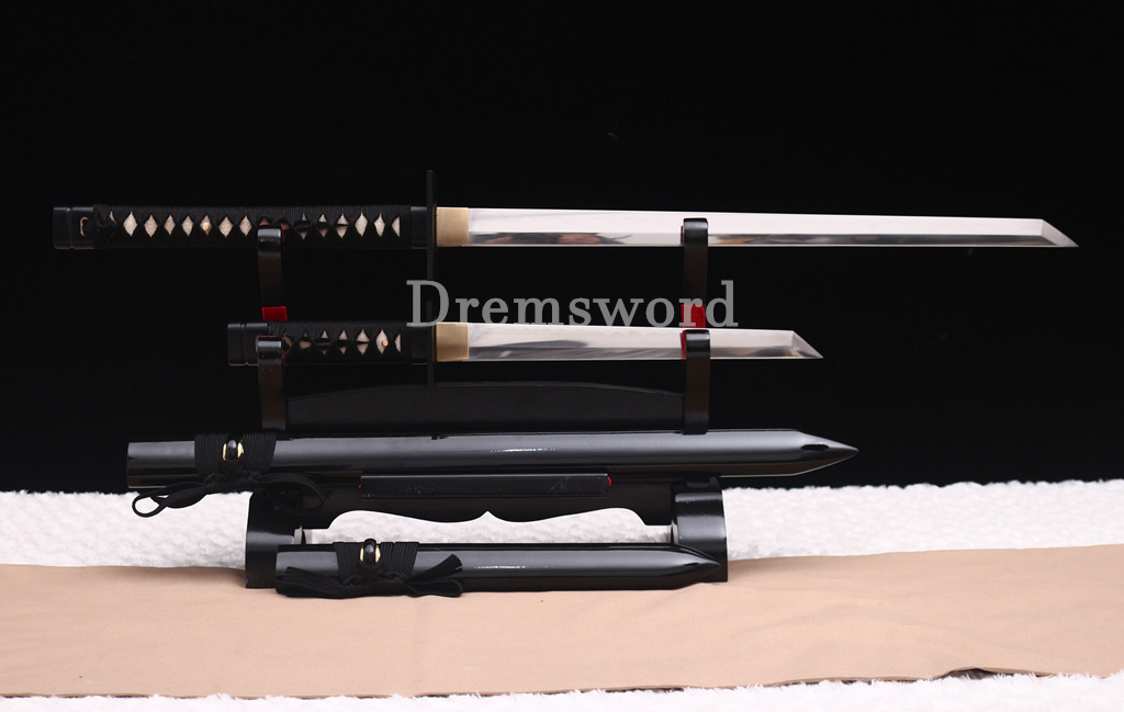 4Pcs T10 Steel Clay Tempered Ninjato Daisho Japanese Ninja Sword KAMASU Kissaki KIRIHA-ZUKURI battle ready sharp Black and White