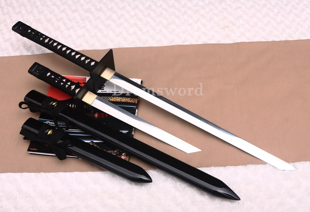 4Pcs T10 Steel Clay Tempered Ninjato Daisho Japanese Ninja Sword KAMASU Kissaki KIRIHA-ZUKURI battle ready sharp Black and White