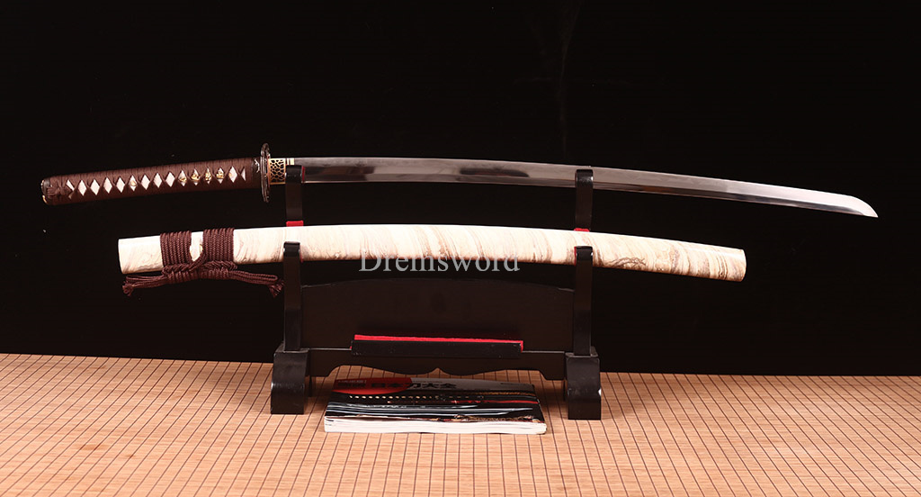 Damascus Folded Steel Clay tempered Katana Japanese Samurai Sword Full Tang New Shinogi-Zukuri White and Brown