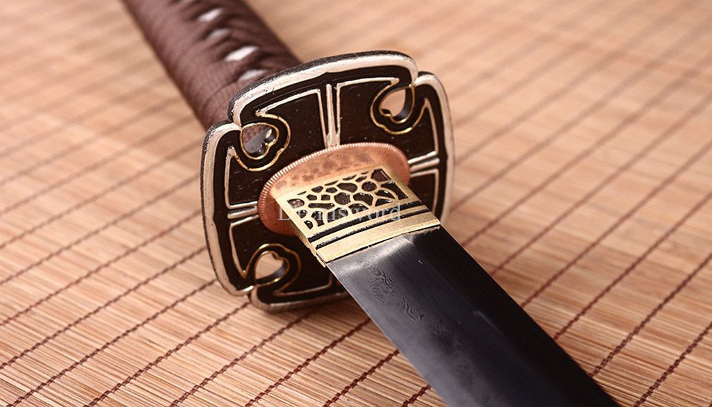 Damascus Folded Steel Clay tempered Katana Japanese Samurai Sword Full Tang New Shinogi-Zukuri White and Brown