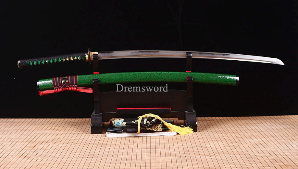 Folded Steel Clay Tempered Katana Japanese Samurai Real Sword Sharp Battle Ready Shinogi-Zukuri Green