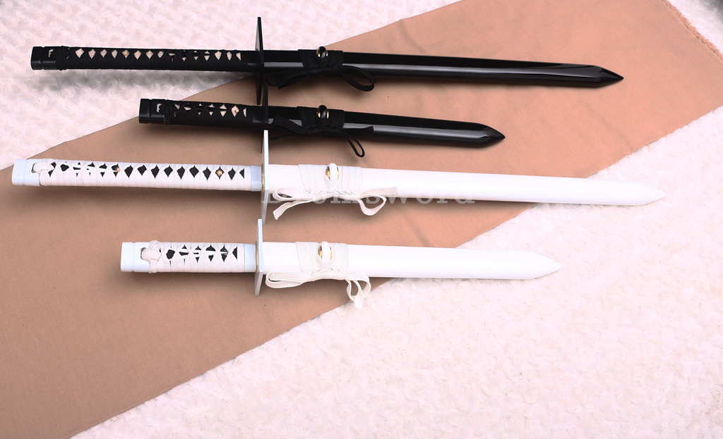 4Pcs T10 Steel Clay Tempered Ninjato Daisho Japanese Ninja Sword KAMASU Kissaki KIRIHA-ZUKURI battle ready sharp Black and White