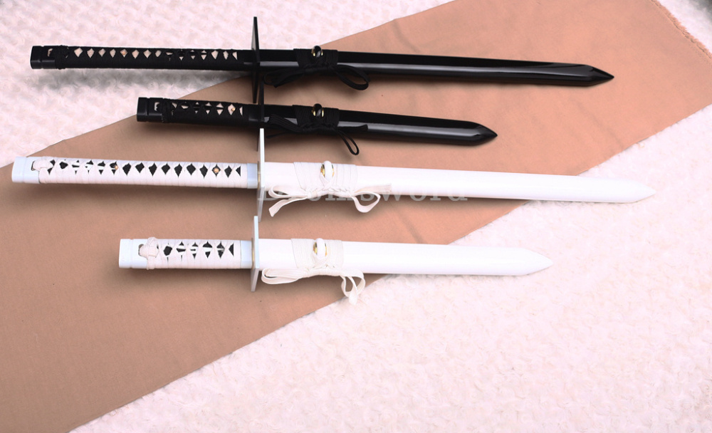 4Pcs T10 Steel Clay Tempered Ninjato Daisho Japanese Ninja Sword KAMASU Kissaki KIRIHA-ZUKURI battle ready sharp Black and White