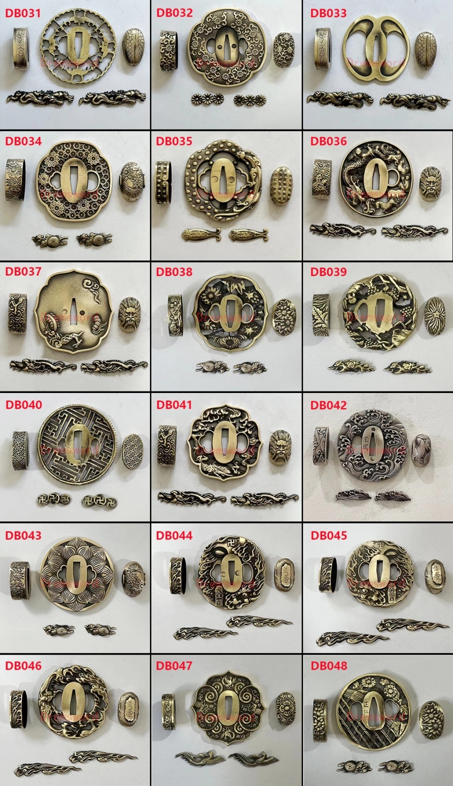 Japenese Samurai Sword Fittings including Alloy/Iron/Brass Tsuba, Fuchi, Koshirae, Saya