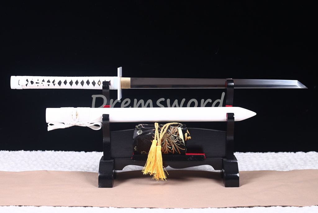 T10 Clay Tempered Hamon Ninjato Japanese Ninja Katana Sword KAMASU Kissaki KIRIHA-ZUKURI battle ready sharp White