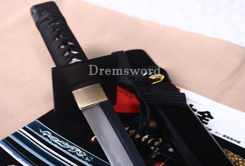19" Black T10 Clay Tempered Ninjato Tanto Japanese Ninja Sword KAMASU Kissaki KIRIHA-ZUKURI battle ready sharp Black
