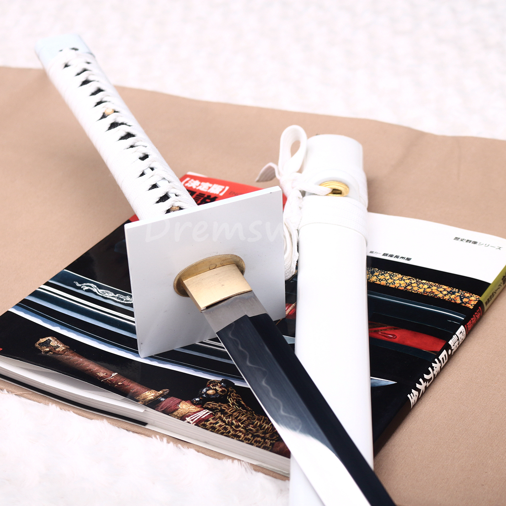 T10 Clay Tempered Hamon Ninjato Japanese Ninja Katana Sword KAMASU Kissaki KIRIHA-ZUKURI battle ready sharp White