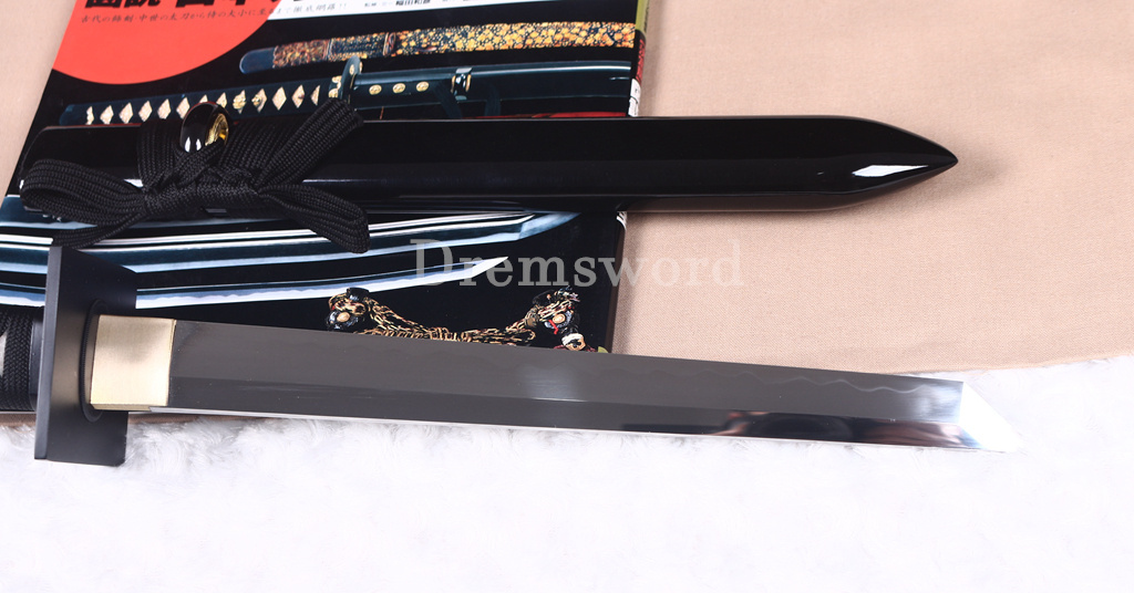 19" Black T10 Clay Tempered Ninjato Tanto Japanese Ninja Sword KAMASU Kissaki KIRIHA-ZUKURI battle ready sharp Black