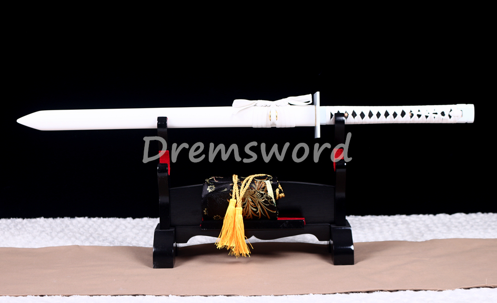 T10 Clay Tempered Hamon Ninjato Japanese Ninja Katana Sword KAMASU Kissaki KIRIHA-ZUKURI battle ready sharp White