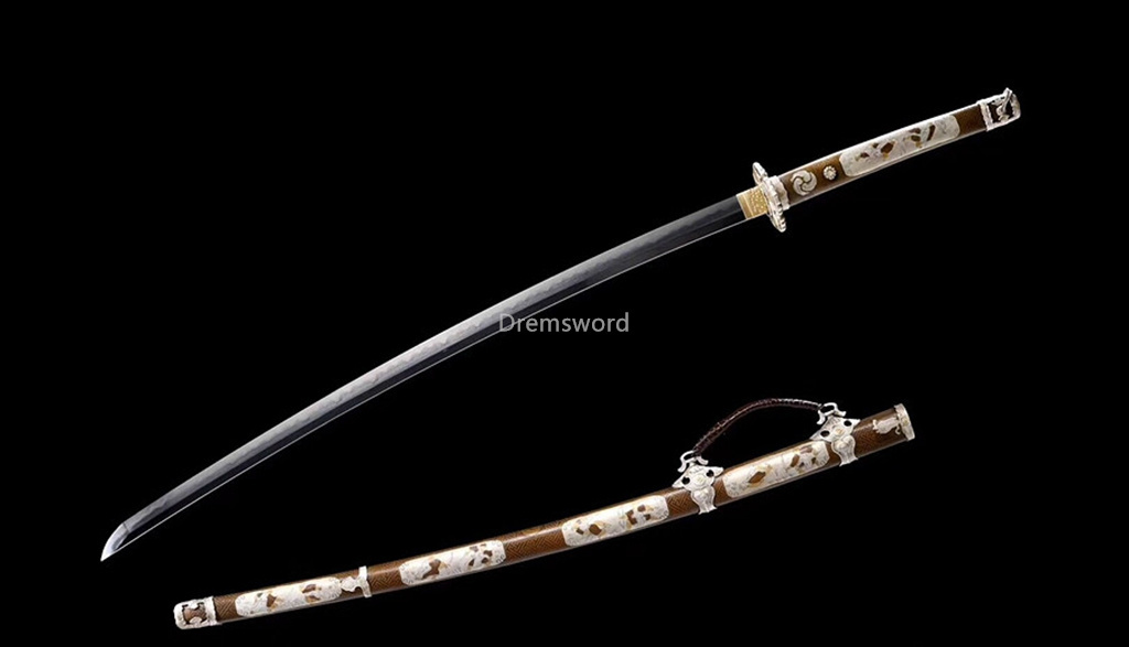 Japanese Tachi Battle Ready samurai Sword Folded Steel Clay Tempered full tang Razor Sharp twisted shaped texture Shinogi-Zukuri Coffee