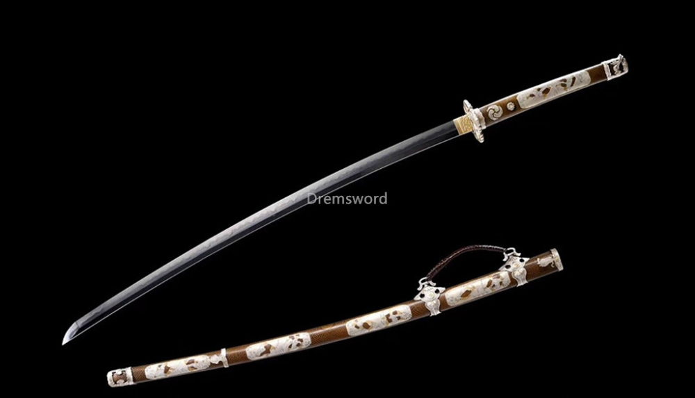 Japanese Tachi Battle Ready samurai Sword Folded Steel Clay Tempered full tang Razor Sharp twisted shaped texture Shinogi-Zukuri Coffee
