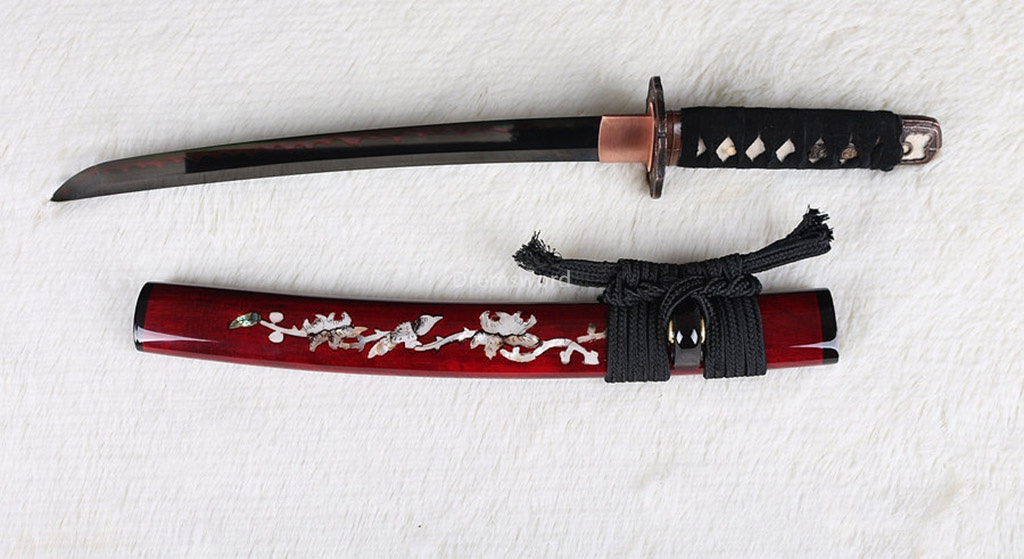 Hand forged red sword Japanese samurai sword Tanto T10 steel Clay Tempered black Blade Japanese razor sharp full tang