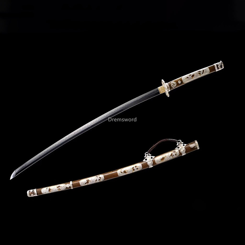 Japanese Tachi Battle Ready samurai Sword Folded Steel Clay Tempered full tang Razor Sharp twisted shaped texture Shinogi-Zukuri Coffee