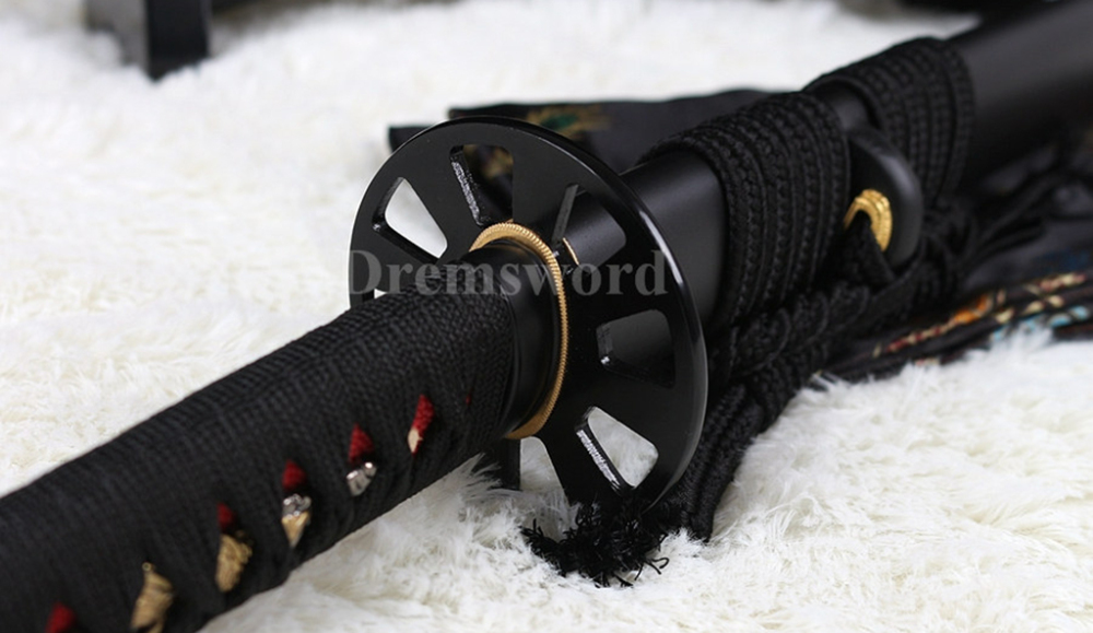 Fully hand forged damascus folded steel clay tempered japanese Katana sword real hamon full tang battle ready Shinogi-Zukuri black