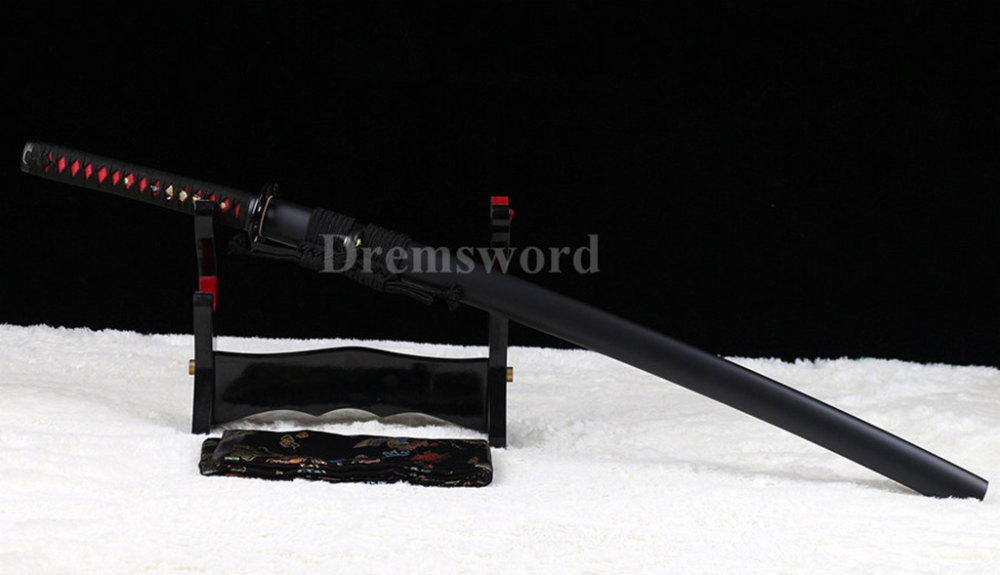 Fully hand forged damascus folded steel clay tempered japanese Katana sword real hamon full tang battle ready Shinogi-Zukuri black