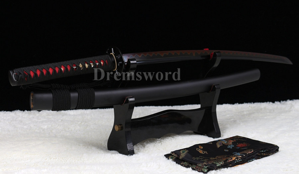Fully hand forged damascus folded steel clay tempered japanese Katana sword real hamon full tang battle ready Shinogi-Zukuri black