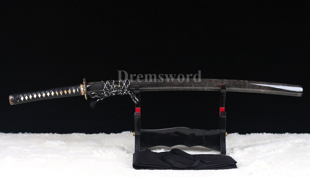 Clay Tempered Folded Steel Abrasive blade Japanese Samurai Black Sword Katana full rayskin saya Sharp battle ready Shinogi-Zukuri
