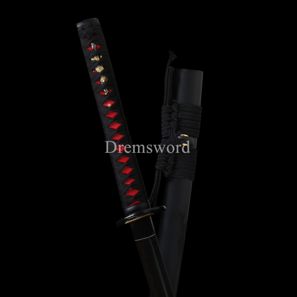 Fully hand forged damascus folded steel clay tempered japanese Katana sword real hamon full tang battle ready Shinogi-Zukuri black