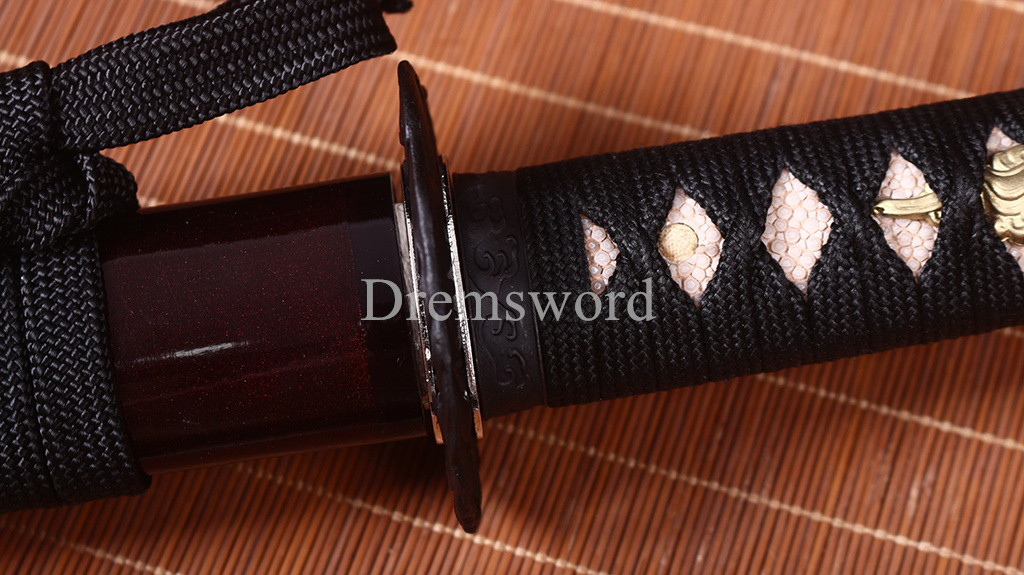 Hadori-polishing Clay tempered T10 Steel black with red sword Japanese Samurai katana Sword full tang battle ready sharp O-KISSAKI Shinogi-Zukuri Real hamon