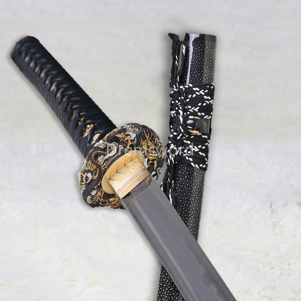 Clay Tempered Folded Steel Abrasive blade Japanese Samurai Black Sword Katana full rayskin saya Sharp battle ready Shinogi-Zukuri