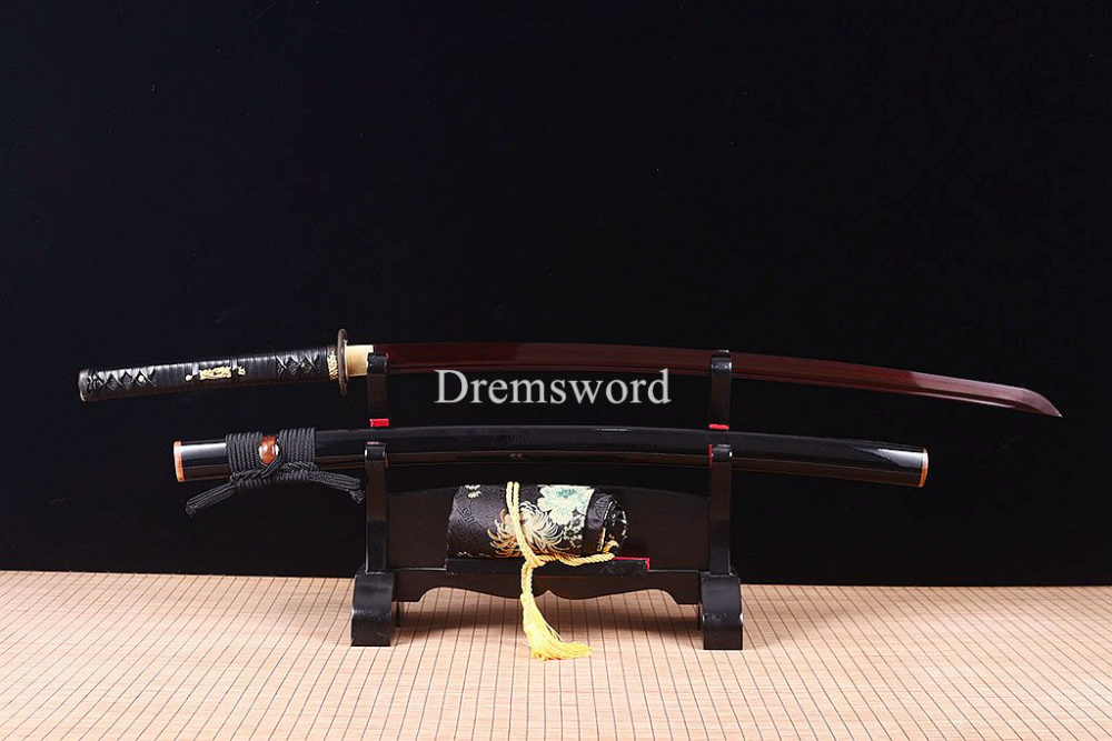 40.6"Damascus Folded Steel Katana Red Blade Japanese Samurai Sword Ox Horn Saya Shinogi-Zukuri Black