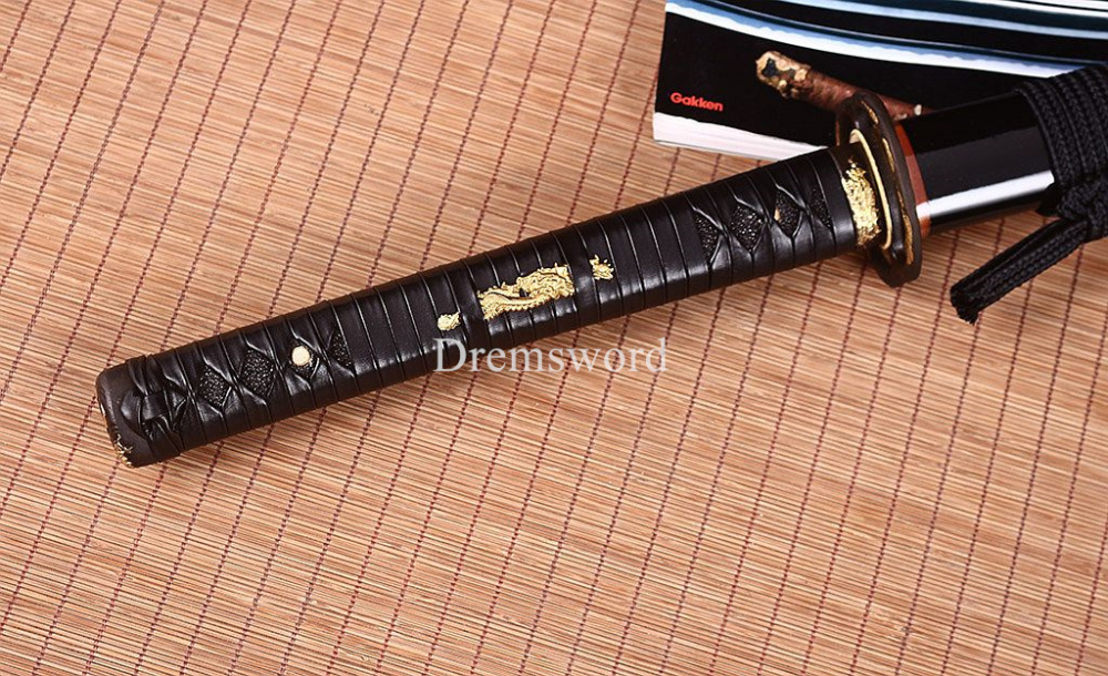 40.6"Damascus Folded Steel Katana Red Blade Japanese Samurai Sword Ox Horn Saya Shinogi-Zukuri Black