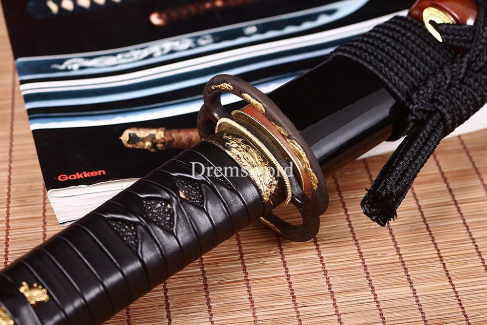 40.6"Damascus Folded Steel Katana Red Blade Japanese Samurai Sword Ox Horn Saya Shinogi-Zukuri Black
