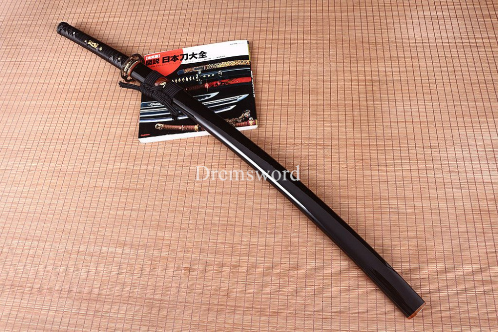 40.6"Damascus Folded Steel Katana Red Blade Japanese Samurai Sword Ox Horn Saya Shinogi-Zukuri Black