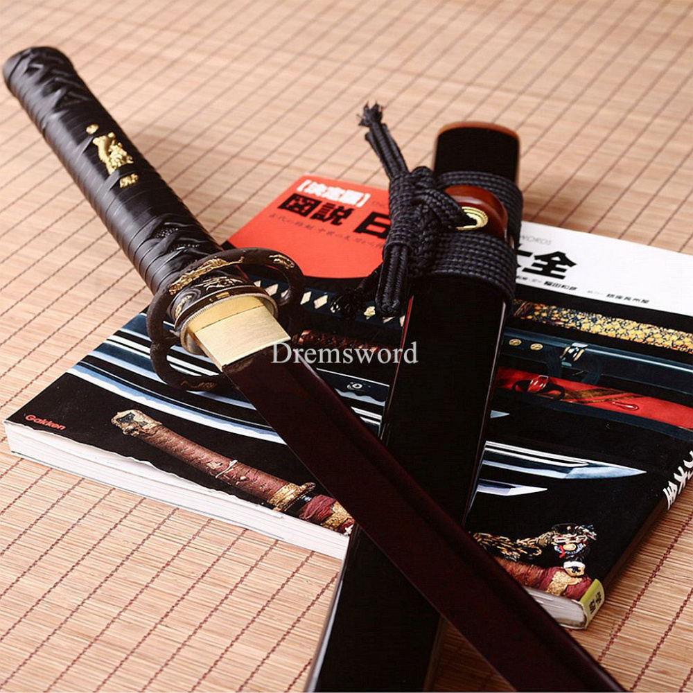 40.6"Damascus Folded Steel Katana Red Blade Japanese Samurai Sword Ox Horn Saya Shinogi-Zukuri Black