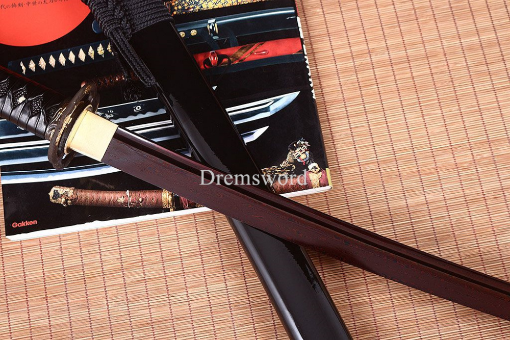 40.6"Damascus Folded Steel Katana Red Blade Japanese Samurai Sword Ox Horn Saya Shinogi-Zukuri Black