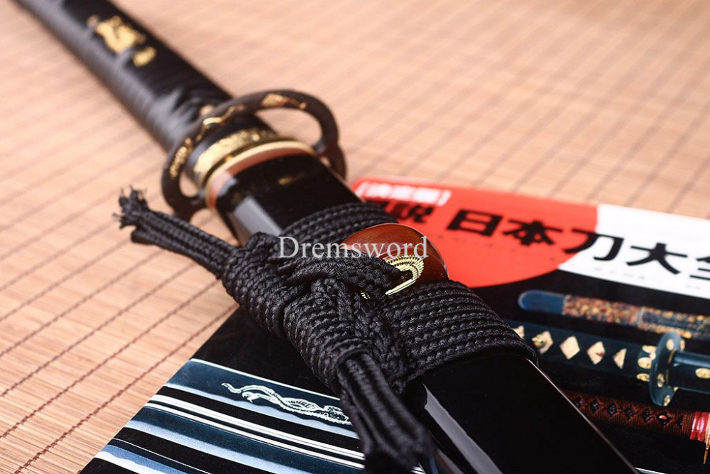 40.6"Damascus Folded Steel Katana Red Blade Japanese Samurai Sword Ox Horn Saya Shinogi-Zukuri Black
