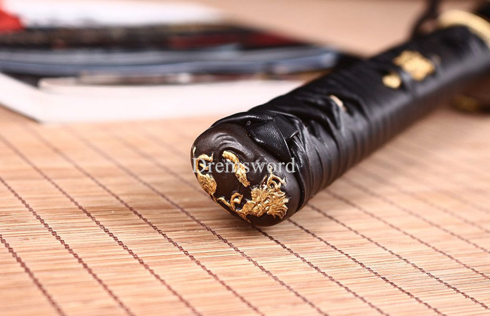 40.6"Damascus Folded Steel Katana Red Blade Japanese Samurai Sword Ox Horn Saya Shinogi-Zukuri Black