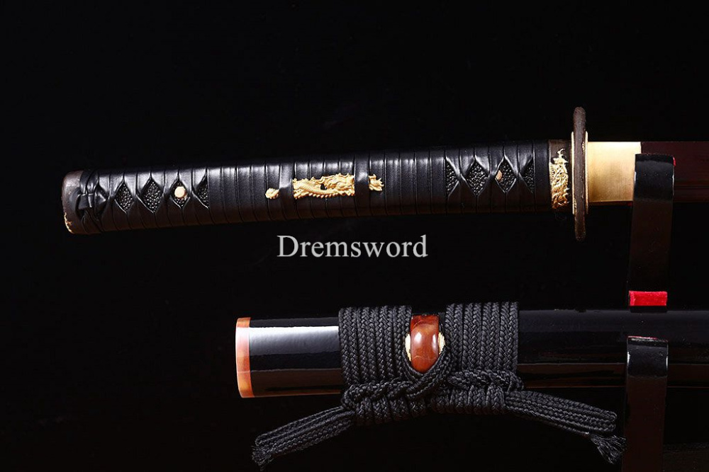 40.6"Damascus Folded Steel Katana Red Blade Japanese Samurai Sword Ox Horn Saya Shinogi-Zukuri Black